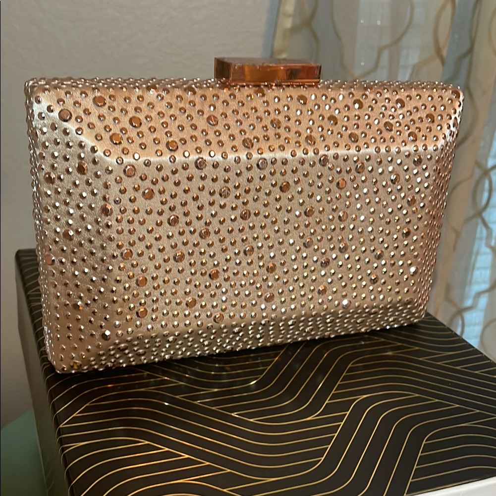 Inc International Concepts Gold Clutch With Rhinestone Embellishments
